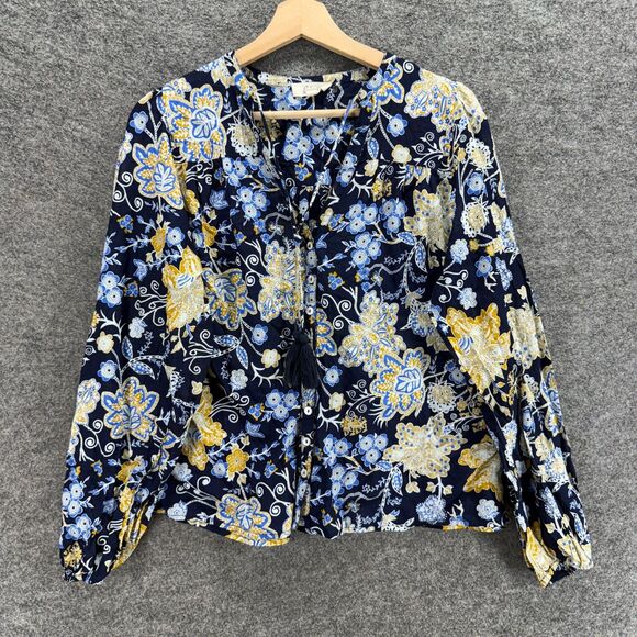 Elan Shirt Women M Medium Black Floral Button Up V-Neck Tasseled Long Sleeve - Picture 1 of 7